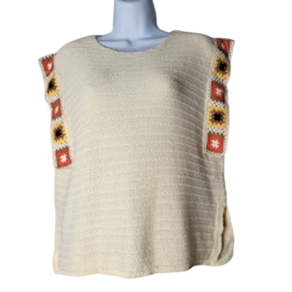 Crochet Granny‎ Square Vest Cream Boho Retro Sweater Tank Women's M Greige